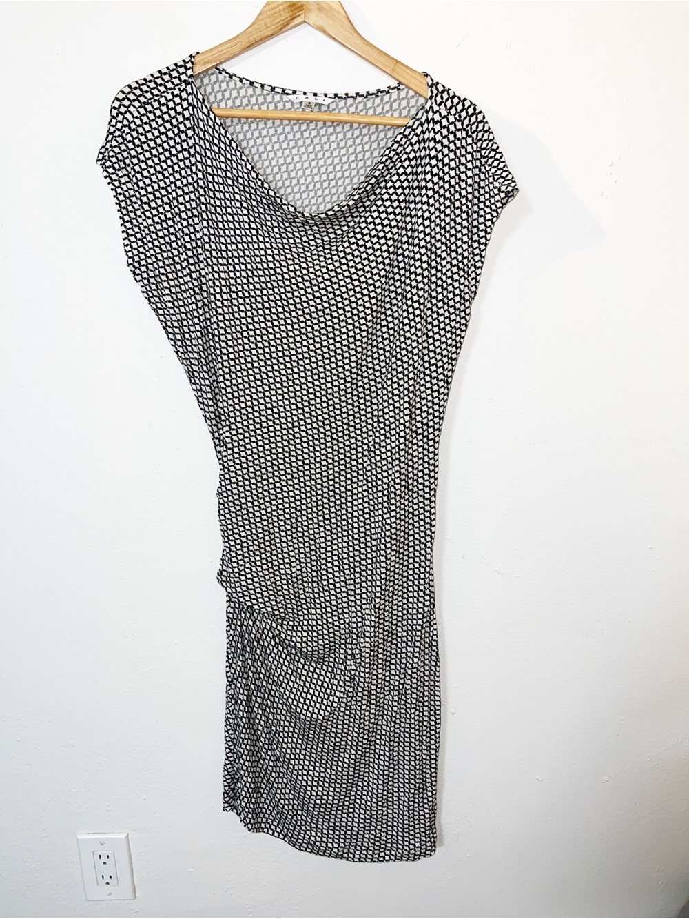 CAbi Black & White Geometric Cowl Midi Cap Style Sleeve Dress